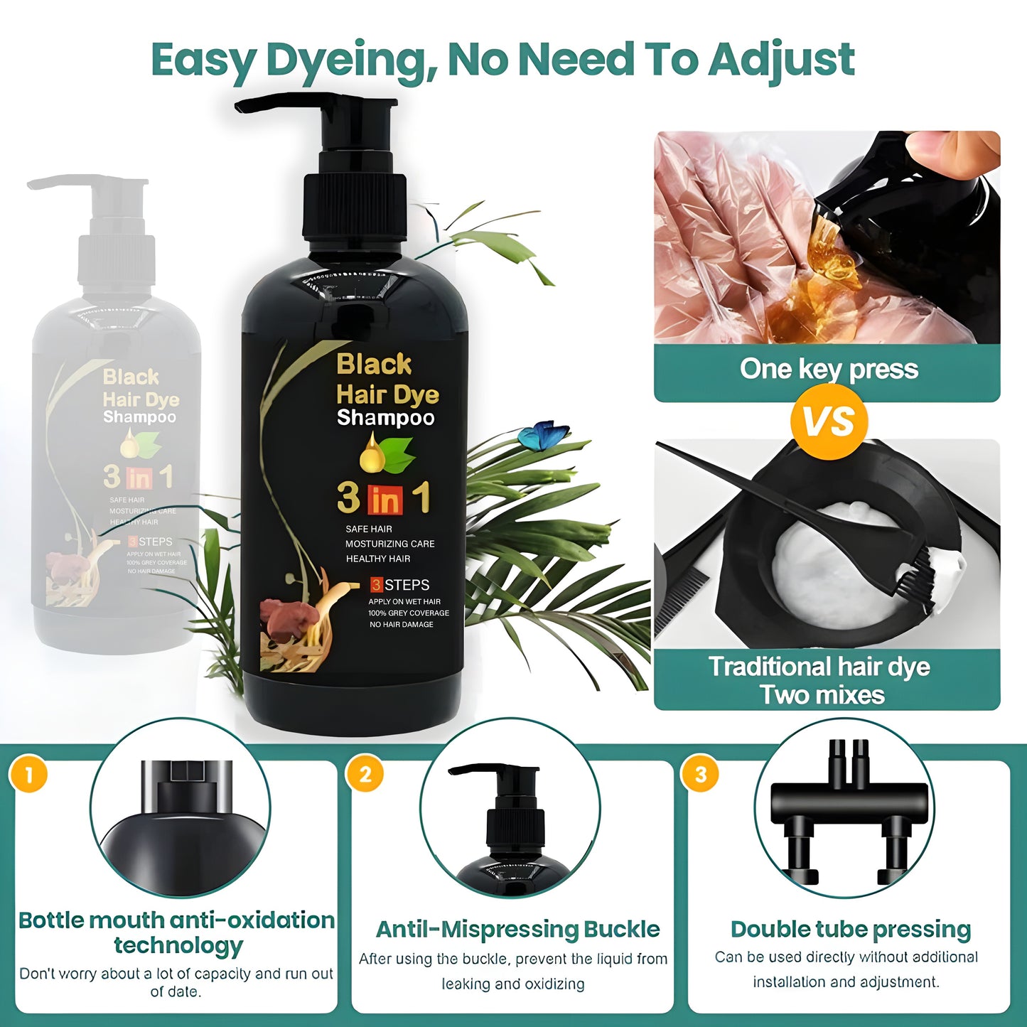 ✨The New-Black Hair Dye Shampoo Instant 3 in 1-100% Black Coverage - Buy 1 Get 1 Free 🔥
