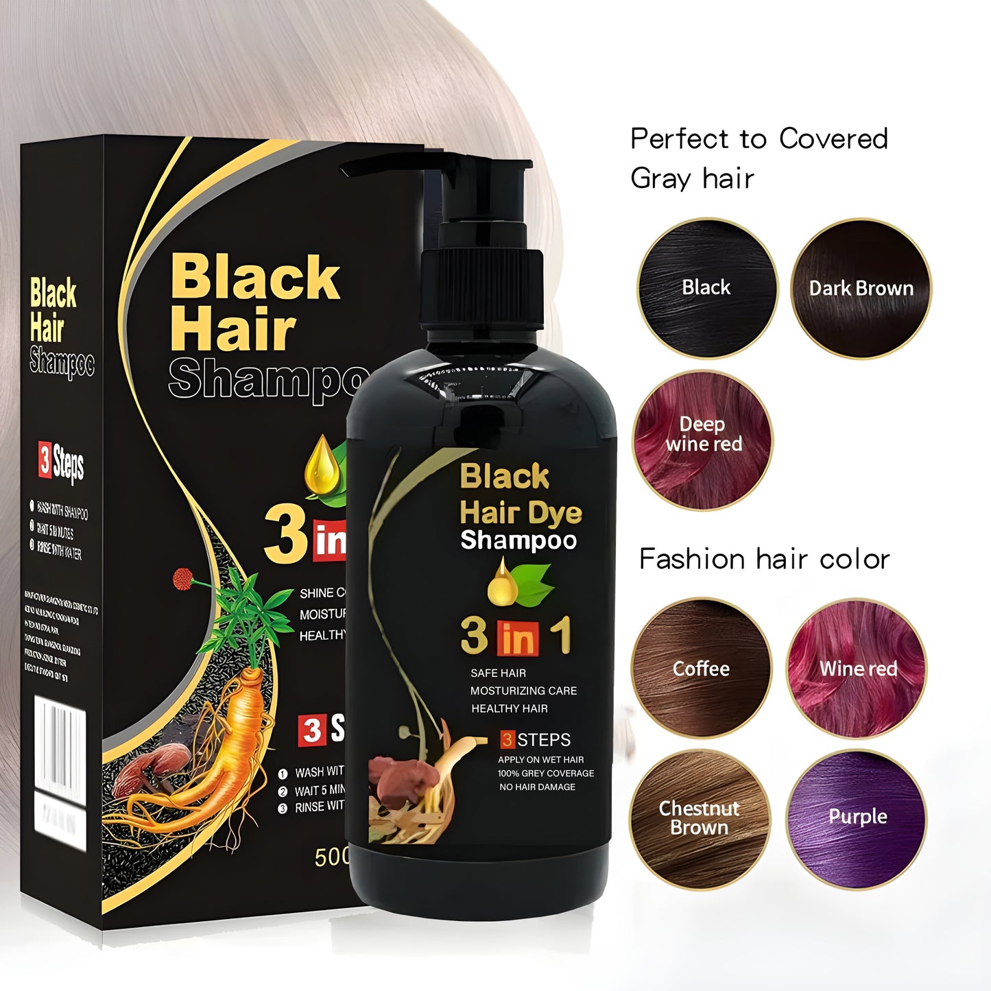 ✨The New-Black Hair Dye Shampoo Instant 3 in 1-100% Black Coverage - Buy 1 Get 1 Free 🔥
